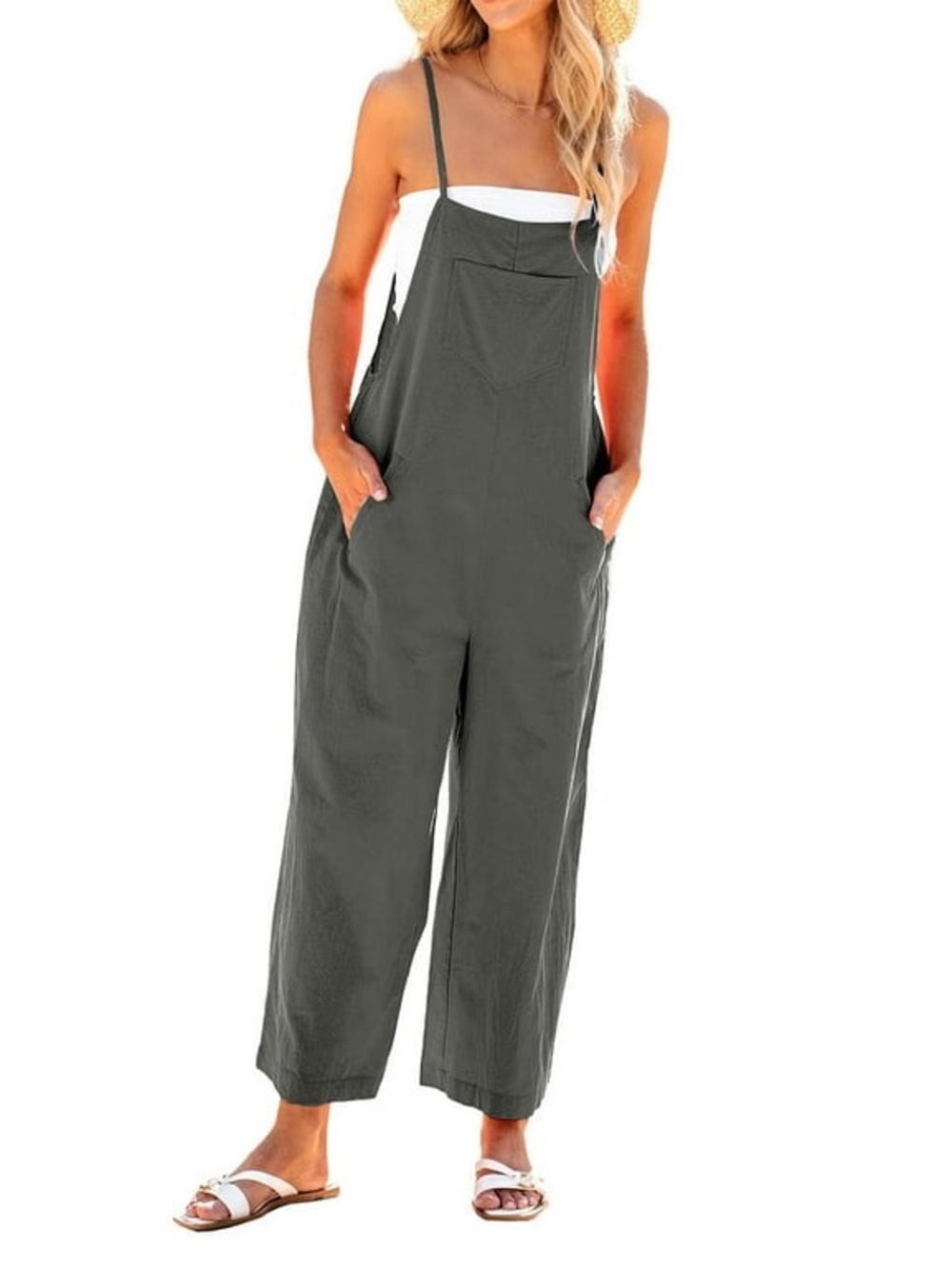 Womens Olive Wide-Leg Flare Linen Cotton Blend Overalls Jumpsuit